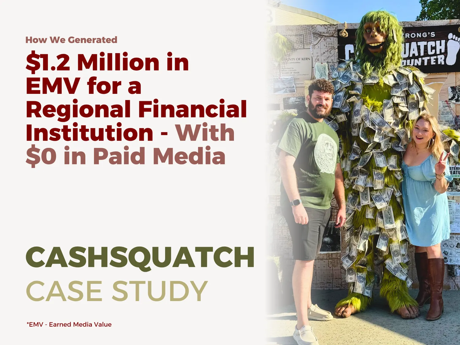 Chris and Lauren Harris of Reliable PR pose with the Cashsquatch character during the campaign