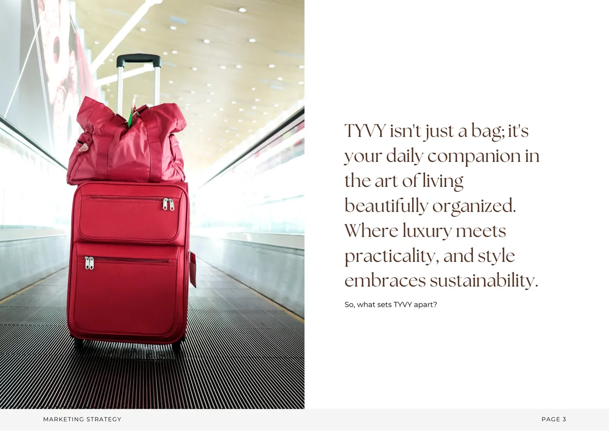 The TYVY strategy deck page with the red bag resting on a suitcase
